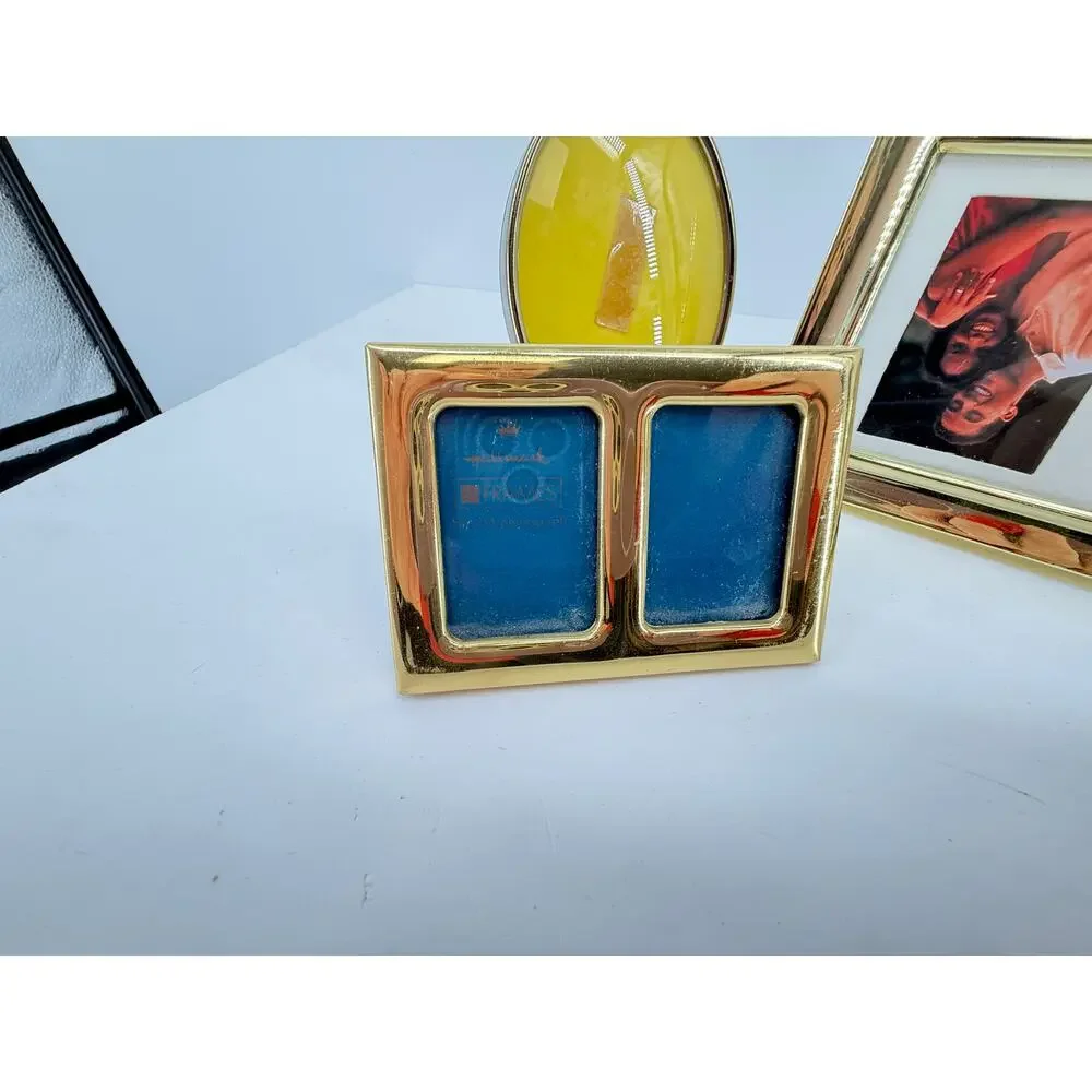 Gold Tone Picture Frame Set Oval Double Collage 2x3 Brass Look Tabletop Vintage